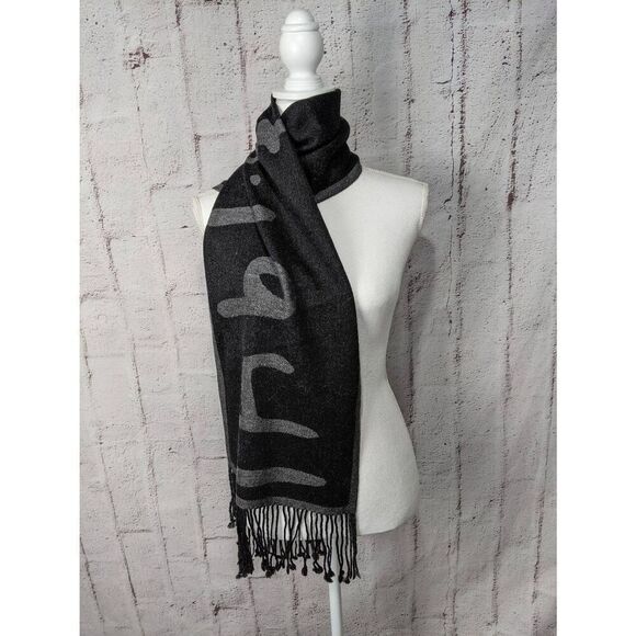 Coach Gray Black 100% Merino Wool Scarf w Fringe - Picture 3 of 11